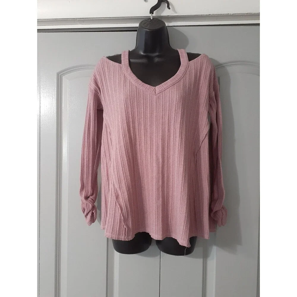 Inspired Hearts pink cold shoulder ruched sleeve sweater
